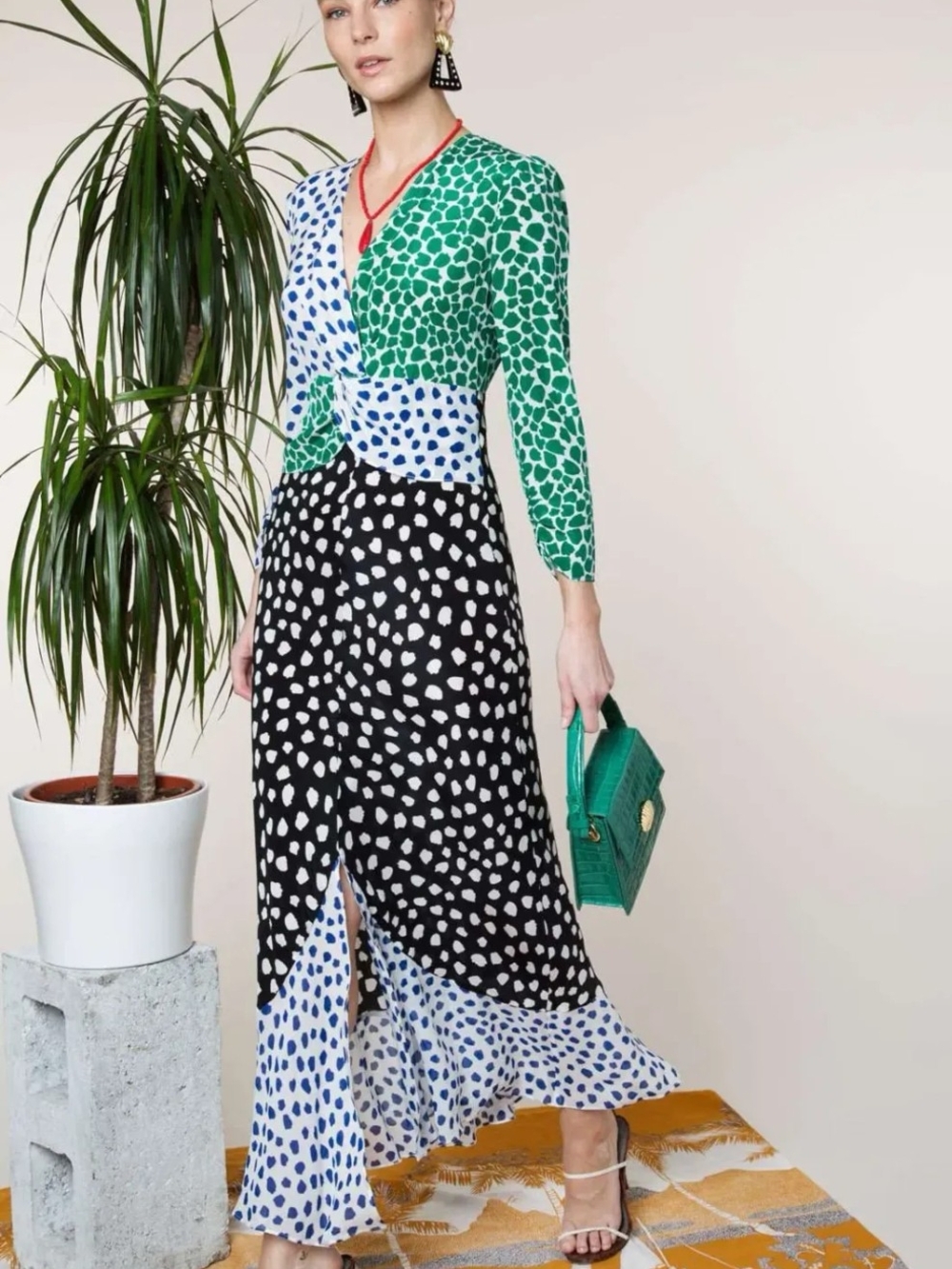 RIXO NWOT Colorblock Spot Maxi Skirt in Black, White & Green